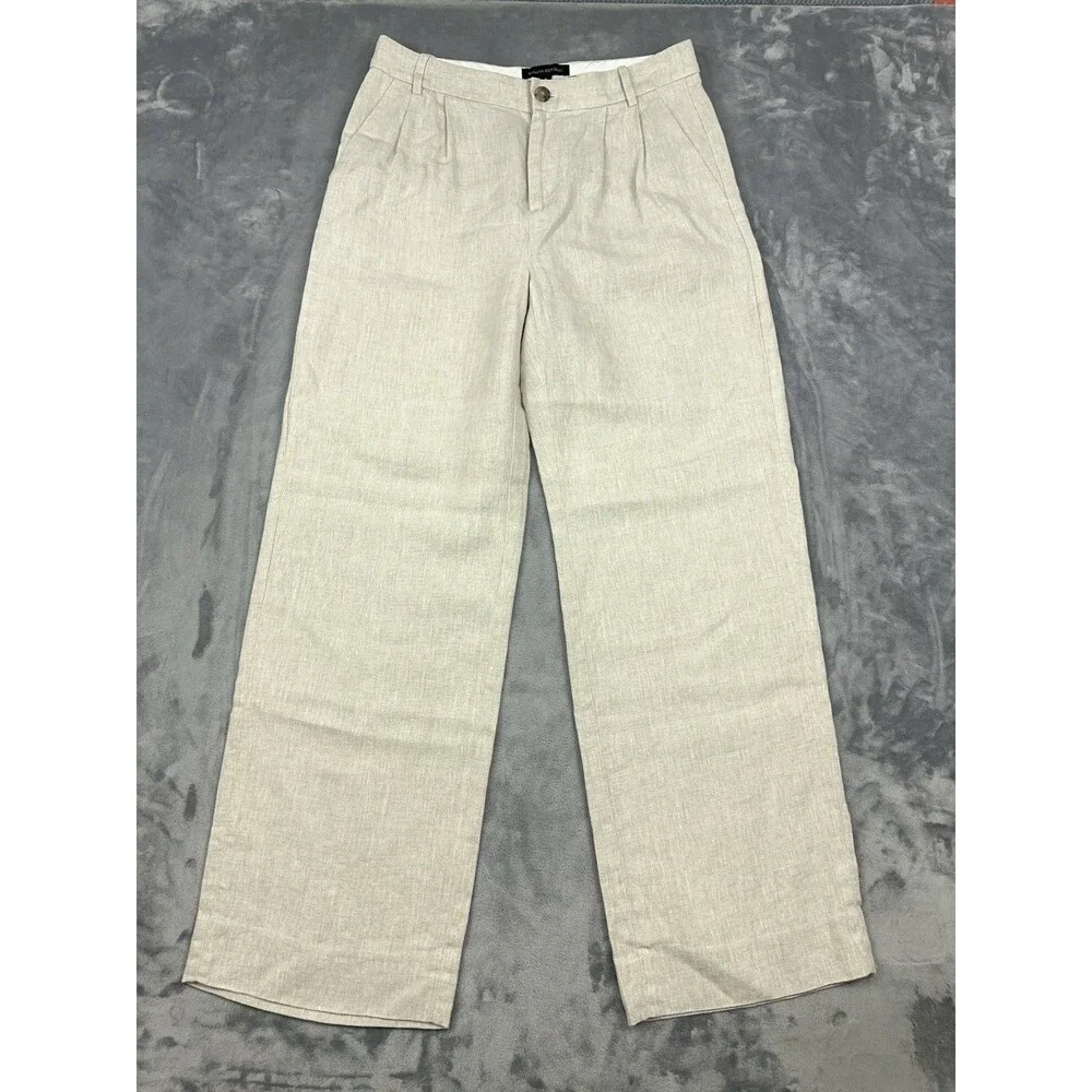 Banana Republic Linen Wide Leg Pants Womens Sz 4 Oatmeal Beige Pleated Trouser